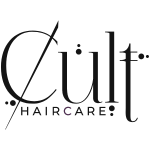 Cult Haircare logo in elegant serif font with artistic dot accents and a stylized letter C. The word ‘Care’ is subtly highlighted in a different shade.