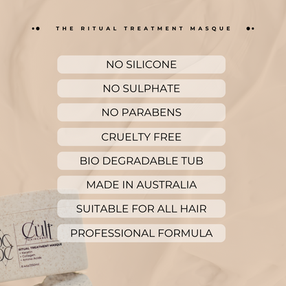 CULT Haircare Ritual Treatment Masque features and benefits list on beige background, including no silicone, no sulphate, cruelty-free, biodegradable tub, made in Australia, and professional formula