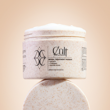 CULT Haircare Ritual Treatment Masque 250ml open jar with creamy texture, stacked on its lid against a soft beige background